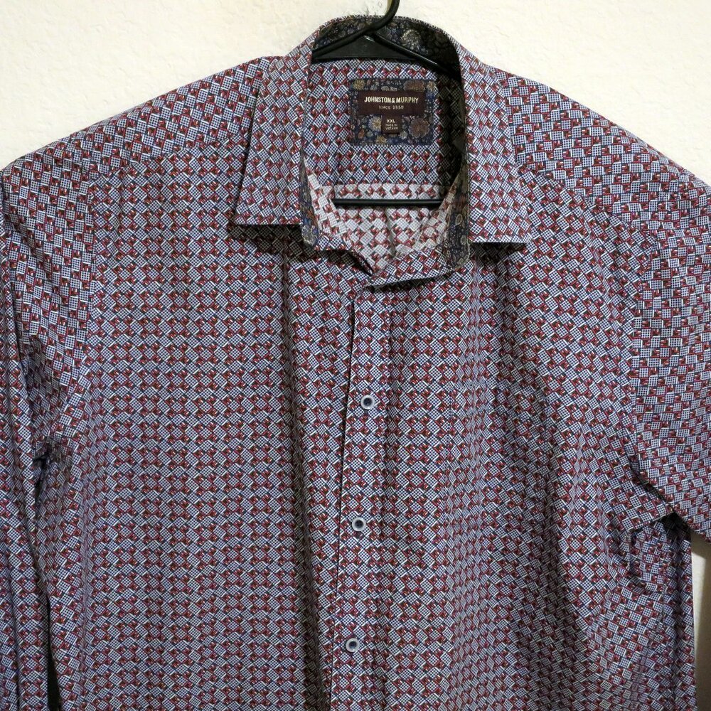 Johnston & Murphy Shirt Mens 2XL Long Sleeve Button Blue White Squares Flip Cuff